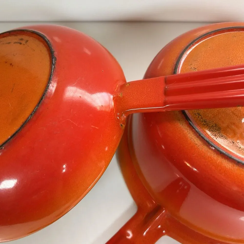 Vintage Descoware Enameled Cast Iron Flame-Orange Saucepan And Skillet-Lid Combo